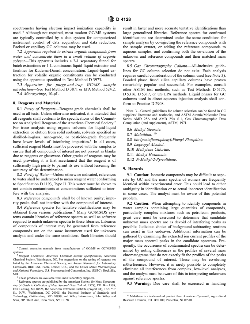 ASTM D4128-94 - Standard Practice for Identification and Quantitation of Organic Compounds in Water by Combined Gas Chromatography and Electron Impact Mass Spectrometry