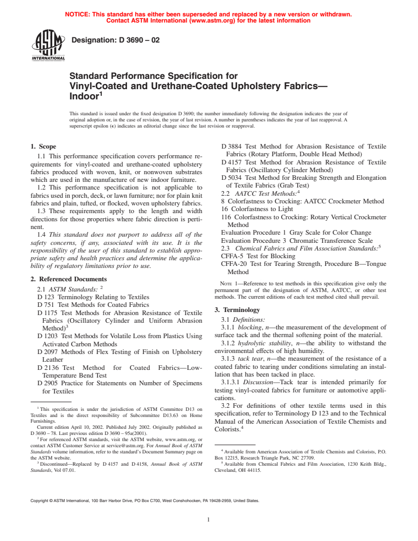 ASTM D3690-02 - Standard Performance Specification for Vinyl-Coated and Urethane-Coated Upholstery Fabrics-Indoor