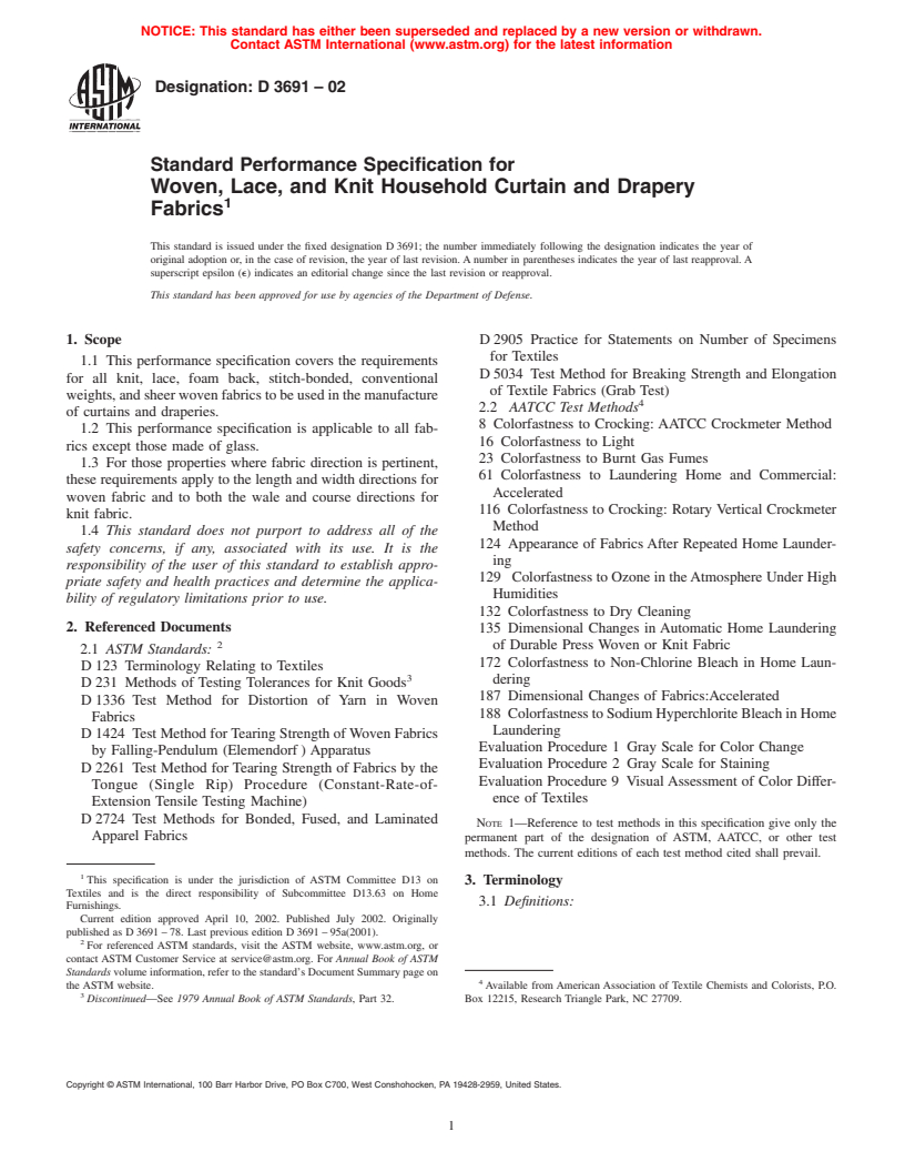 ASTM D3691-02 - Standard Performance Specification for Woven, Lace, and Knit Household Curtain and Drapery Fabrics