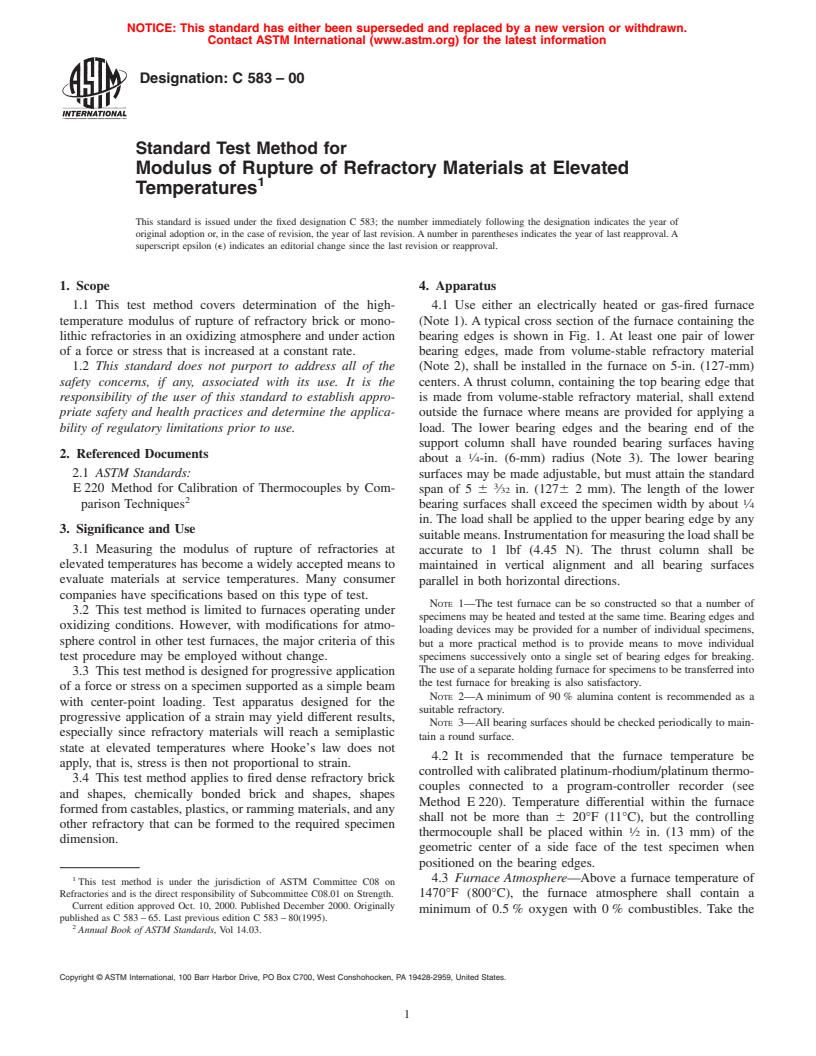 ASTM C583-00 - Standard Test Method for Modulus of Rupture of Refractory Materials at Elevated Temperatures