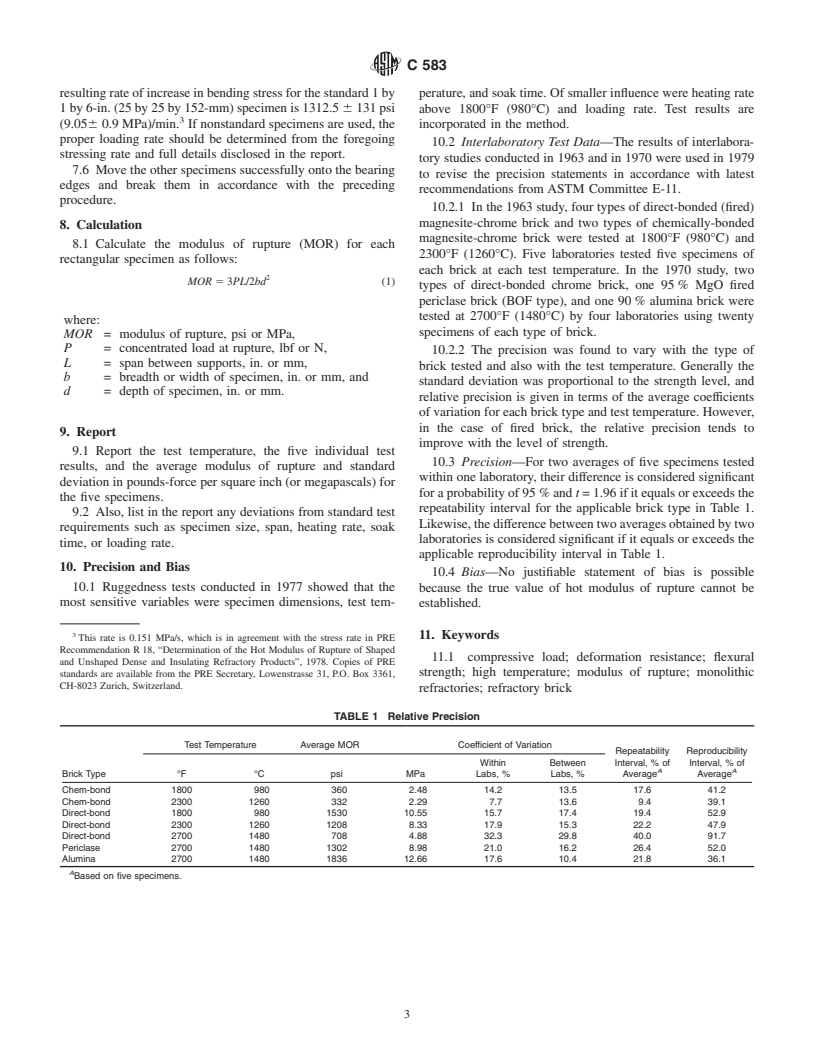 ASTM C583-00 - Standard Test Method for Modulus of Rupture of Refractory Materials at Elevated Temperatures