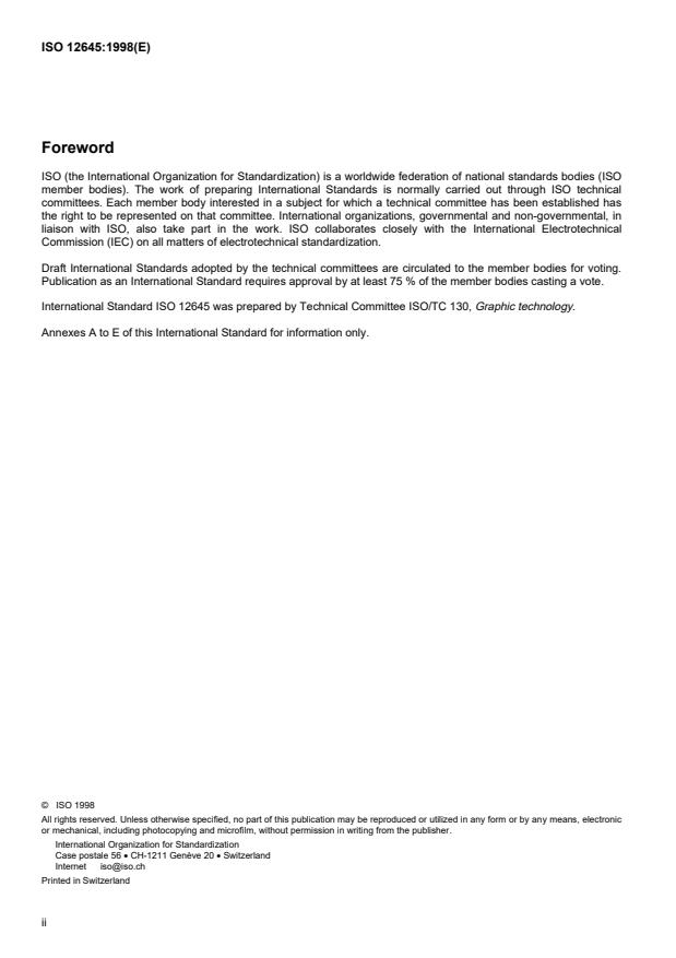 ISO 12645:1998 ISO 12645:1998 - Graphic technology -- Process control -- Certified reference material for opaque area calibration of transmission densitometers - Page 2 preview