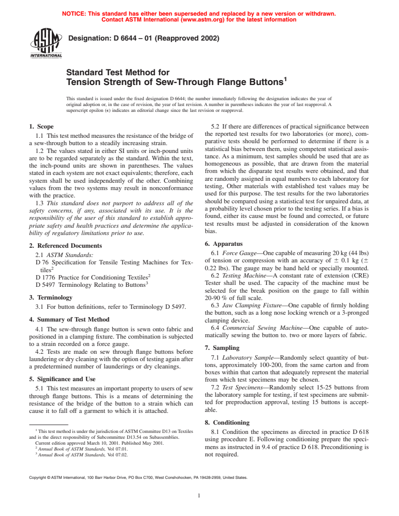 ASTM D6644-01(2002) - Standard Test Method for Tension Strength of Sew-Through Flange Buttons