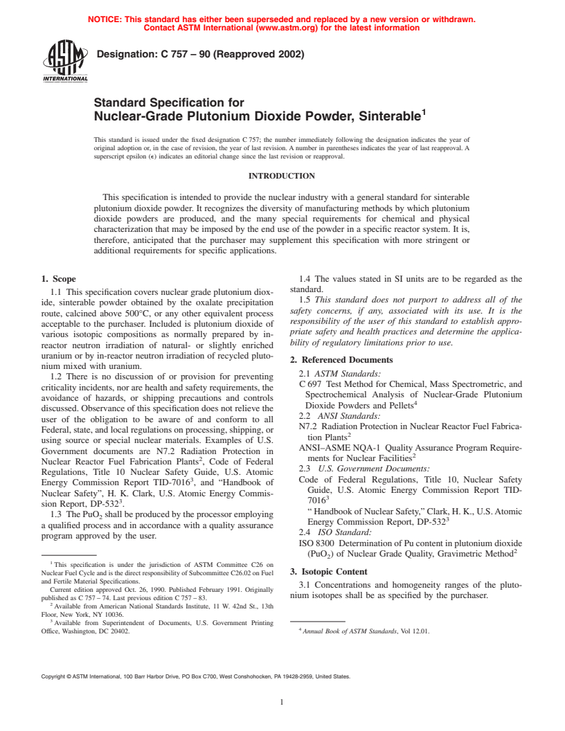 ASTM C757-90(2002) - Standard Specification for Nuclear-Grade Plutonium Dioxide Powder, Sinterable