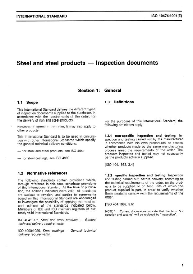 ISO 10474:1991 - Steel and steel products -- Inspection documents