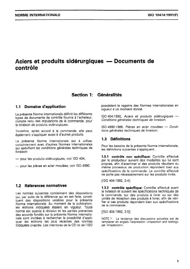 ISO 10474:1991 - Aciers et produits sidérurgiques -- Documents de contrôle