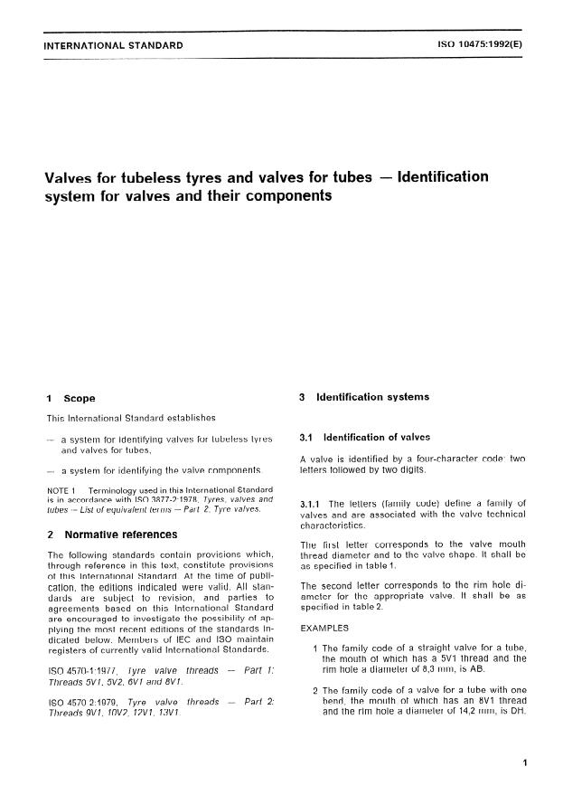 ISO 10475:1992 - Valves for tubeless tyres and valves for tubes -- Identification system for valves and their components