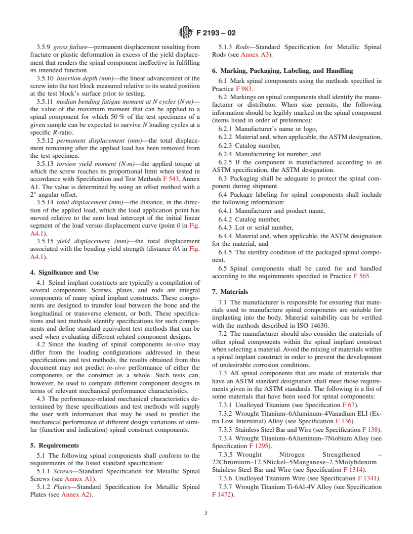 ASTM F2193-02 - Standard Specifications and Test Methods for Components Used in the Surgical Fixation of the Spinal Skeletal System