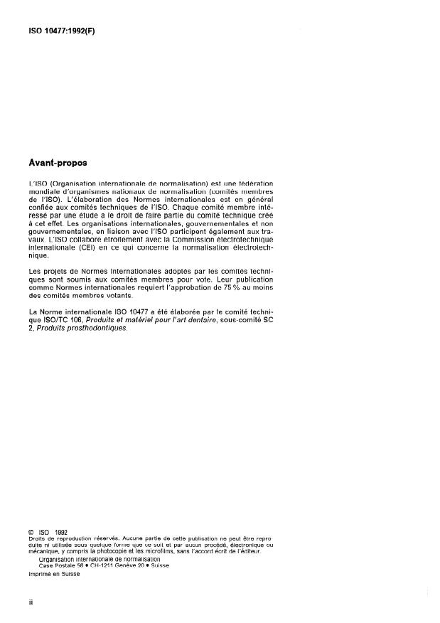 ISO 10477:1992 ISO 10477:1992 - Art dentaire -- Produits a base de polymere pour couronnes et ponts - Page 2 preview
