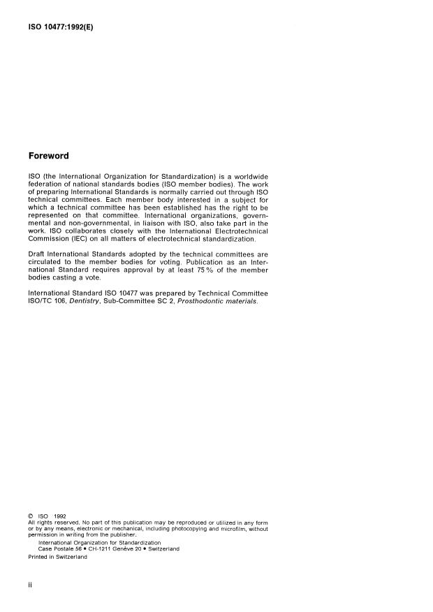 ISO 10477:1992 ISO 10477:1992 - Dentistry -- Polymer-based crown and bridge materials - Page 2 preview
