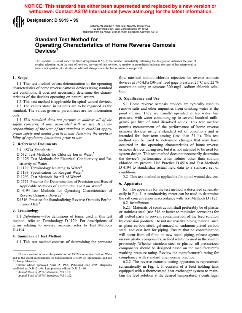 ASTM D5615-95 - Standard Test Method for Operating Characteristics of Home Reverse Osmosis Devices