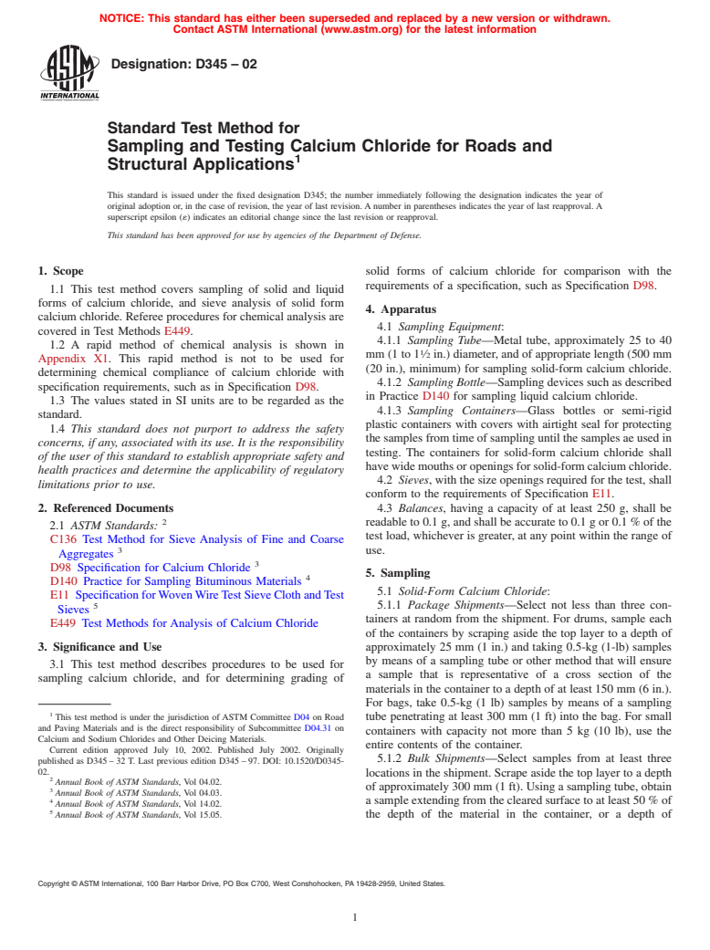 ASTM D345-02 - Standard Test Method for Sampling and Testing Calcium Chloride for Roads and Structural Applications