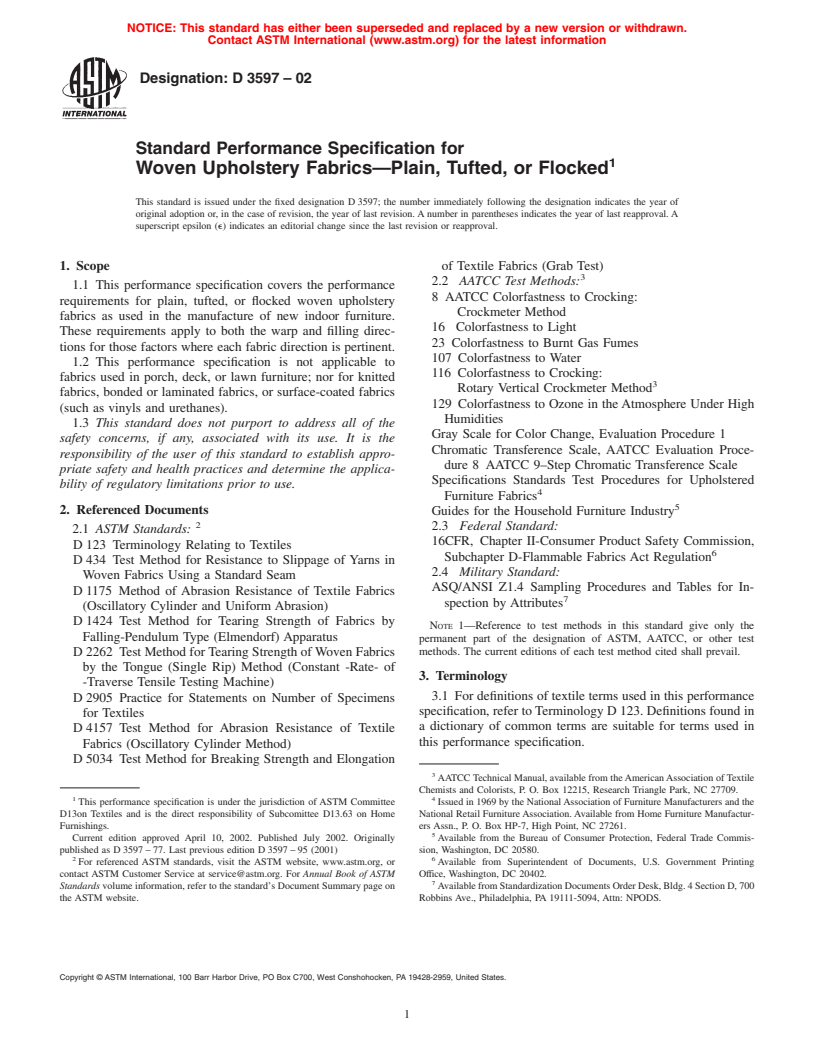 ASTM D3597-02 - Standard Specification for Woven Upholstery Fabrics-Plain, Tufted, or Flocked