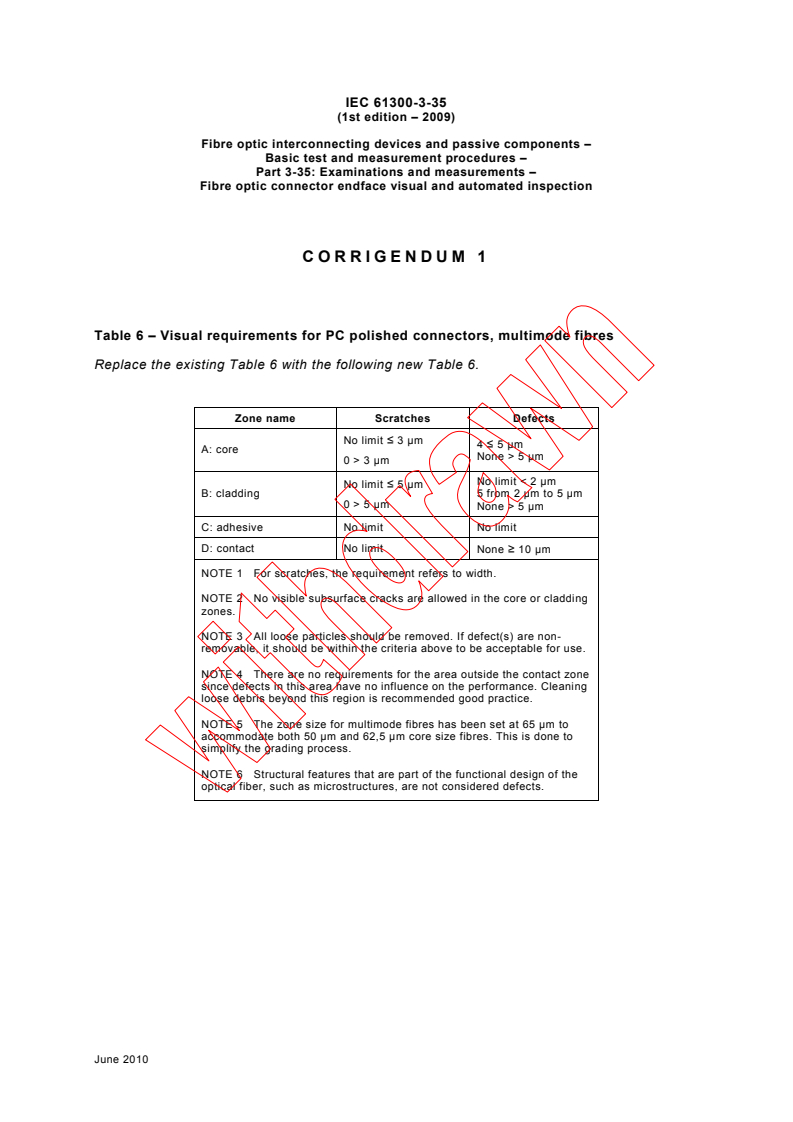 IEC 61300-3-35:2009/COR1:2010 - Corrigendum 1 - Fibre optic interconnecting devices and passive components - Basic test and measurement procedures - Part 3-35: Examinations and measurements - Fibre optic connector endface visual and automated inspection
Released:6/28/2010