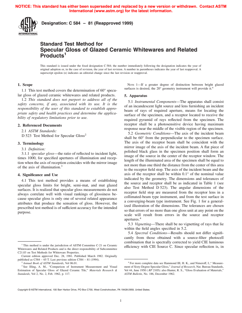 ASTM C584-81(1999) - Standard Test Method for Specular Gloss of Glazed Ceramic Whitewares and Related Products