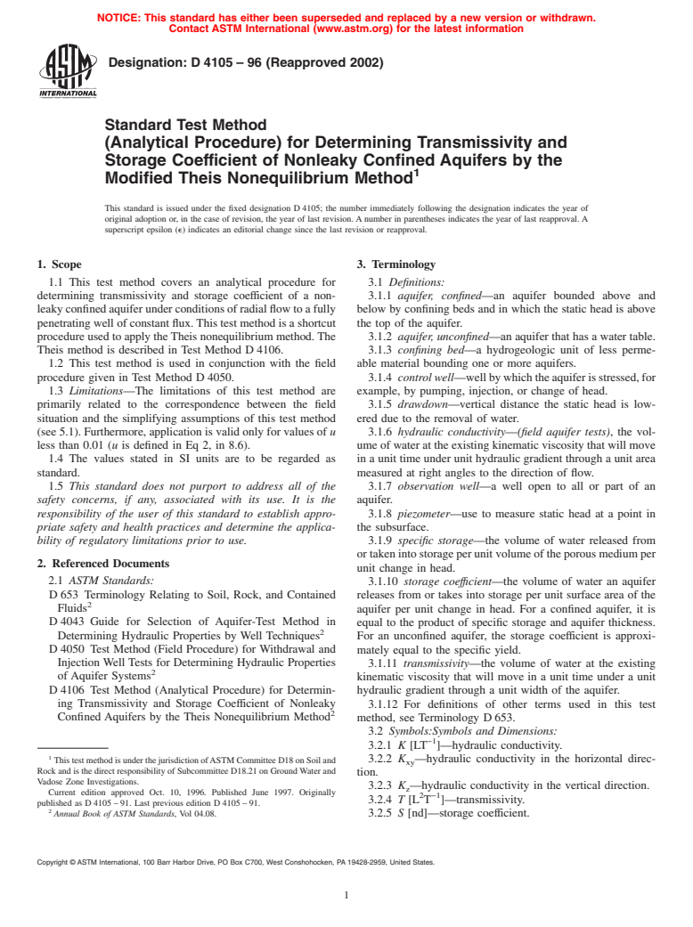 ASTM D4105-96(2002) - Standard Test Method (Analytical Procedure) for Determining Transmissivity and Storage Coefficient of Nonleaky Confined Aquifers by the Modified Theis Nonequilibrium Method