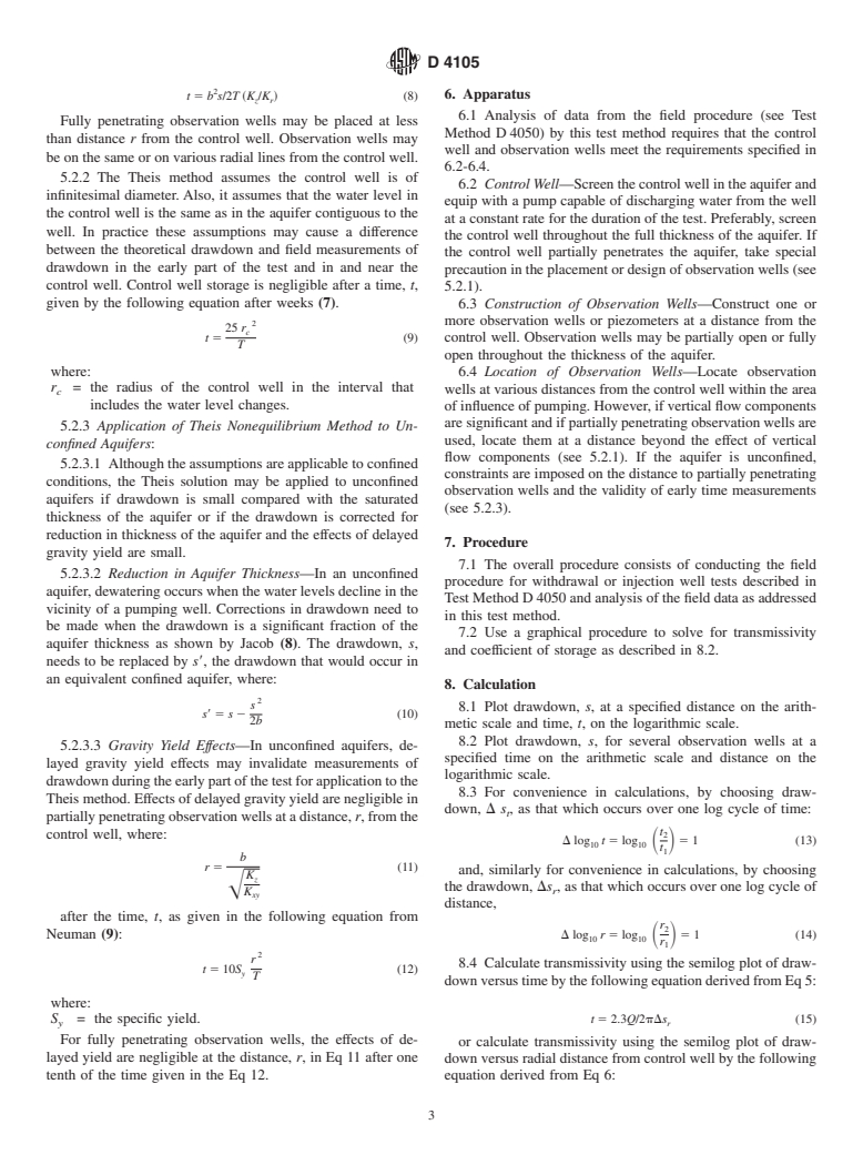 ASTM D4105-96(2002) - Standard Test Method (Analytical Procedure) for Determining Transmissivity and Storage Coefficient of Nonleaky Confined Aquifers by the Modified Theis Nonequilibrium Method