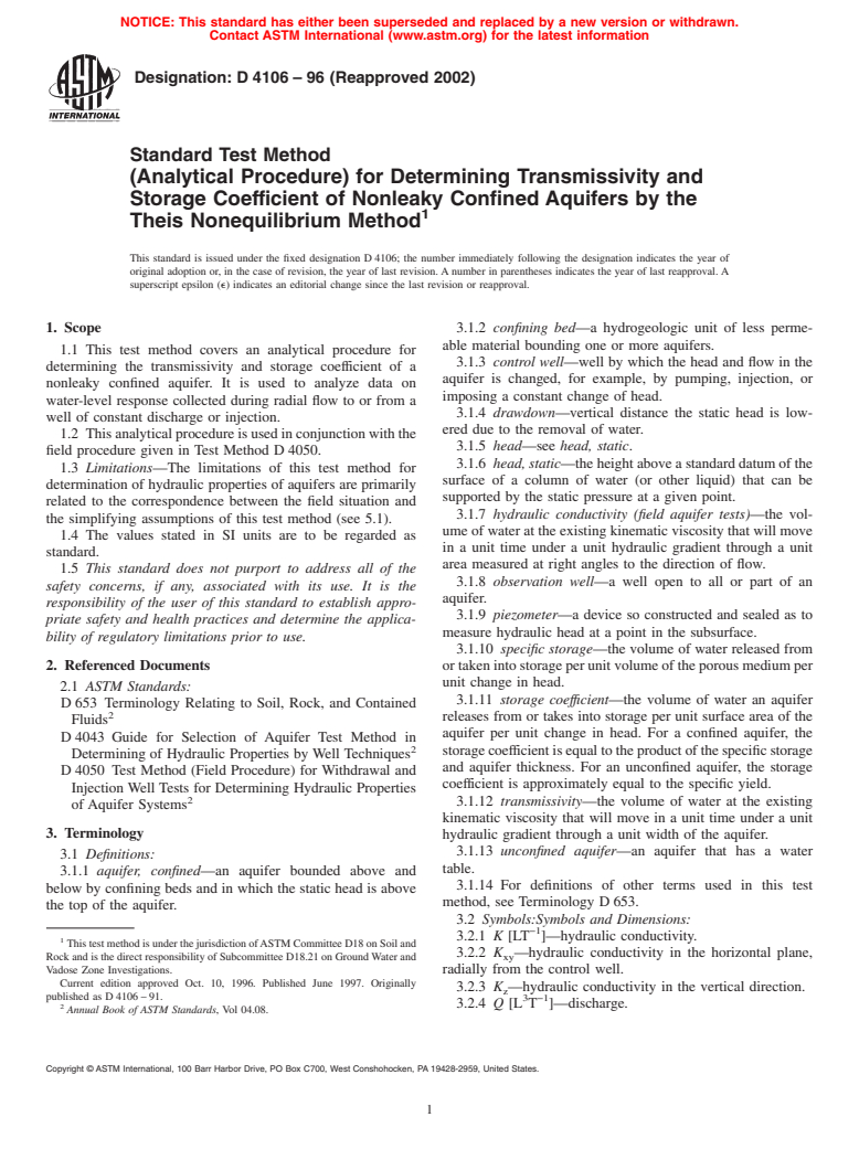 ASTM D4106-96(2002) - Standard Test Method (Analytical Procedure) for Determining Transmissivity and Storage Coefficient of Nonleaky Confined Aquifers by the Theis Nonequilibrium Method