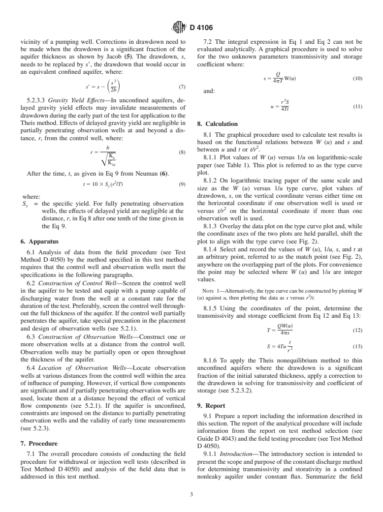 ASTM D4106-96(2002) - Standard Test Method (Analytical Procedure) for Determining Transmissivity and Storage Coefficient of Nonleaky Confined Aquifers by the Theis Nonequilibrium Method