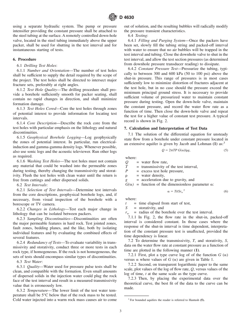 ASTM D4630-96(2002) - Standard Test Method for Determining Transmissivity and Storage Coefficient of Low-Permeability Rocks by In Situ Measurements Using the Constant Head Injection Test