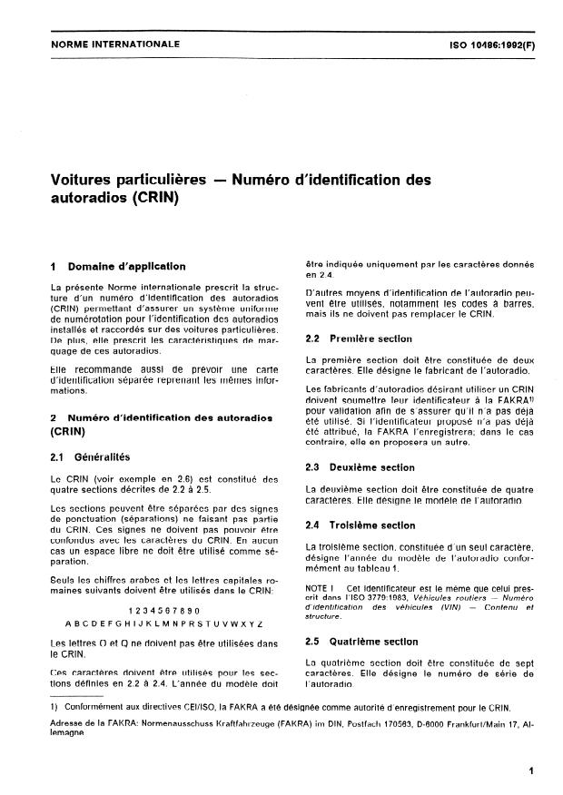 ISO 10486:1992 - Voitures particulieres -- Numéro d'identification des autoradios (CRIN)
