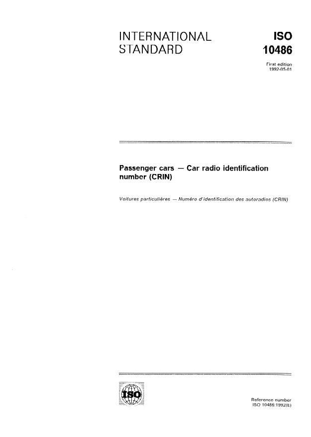 ISO 10486:1992 - Passenger cars -- Car radio identification number (CRIN)