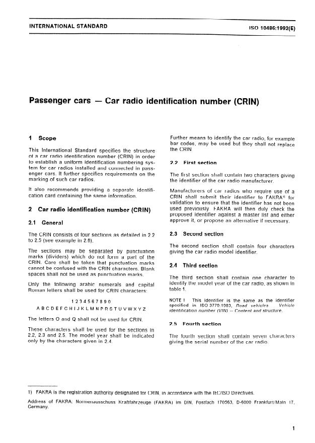 ISO 10486:1992 - Passenger cars -- Car radio identification number (CRIN)
