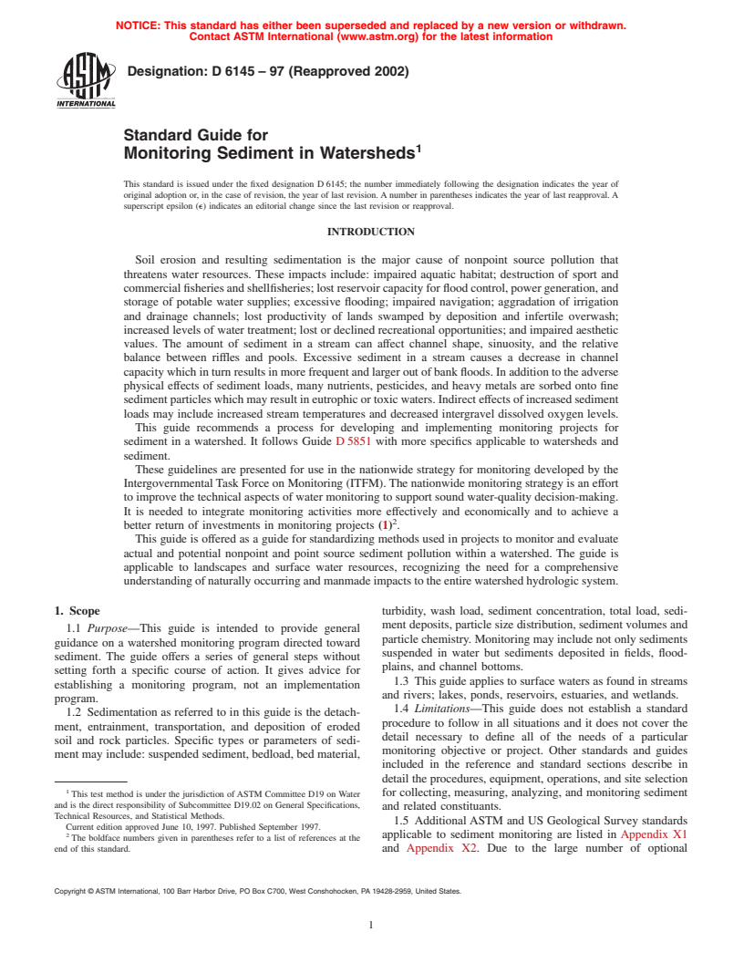 ASTM D6145-97(2002) - Standard Guide for Monitoring Sediment in Watersheds