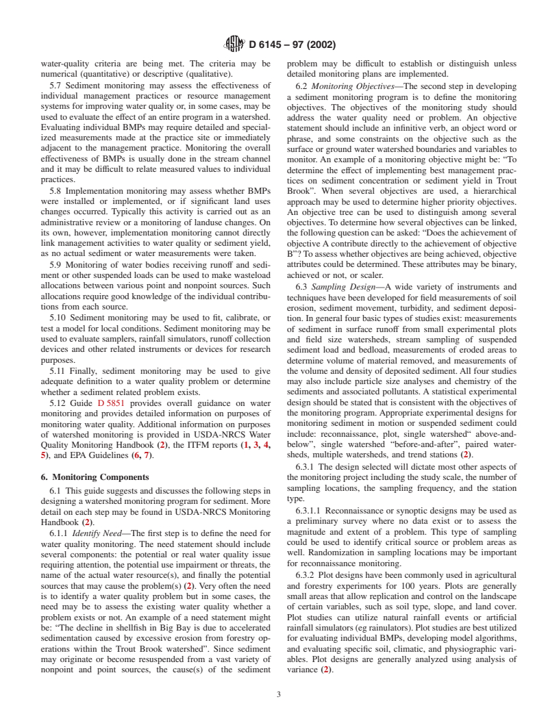 ASTM D6145-97(2002) - Standard Guide for Monitoring Sediment in Watersheds