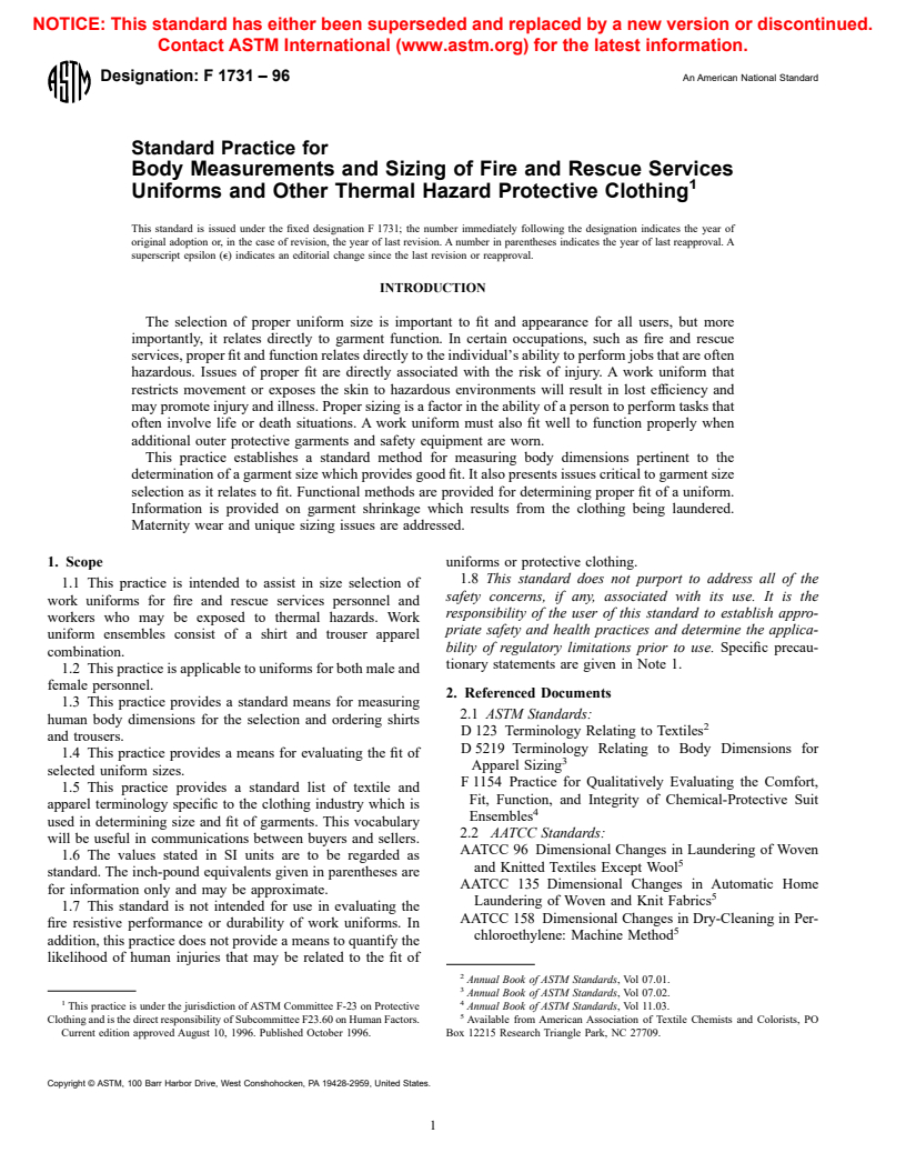 ASTM F1731-96 - Standard Practice for Body Measurements and Sizing of Fire and Rescue Services Uniforms and Other Thermal Hazard Protective Clothing