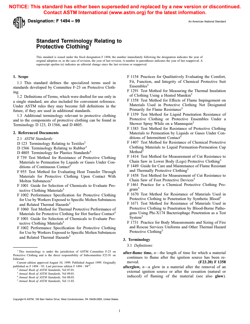 ASTM F1494-99 - Standard Terminology Relating to Protective Clothing