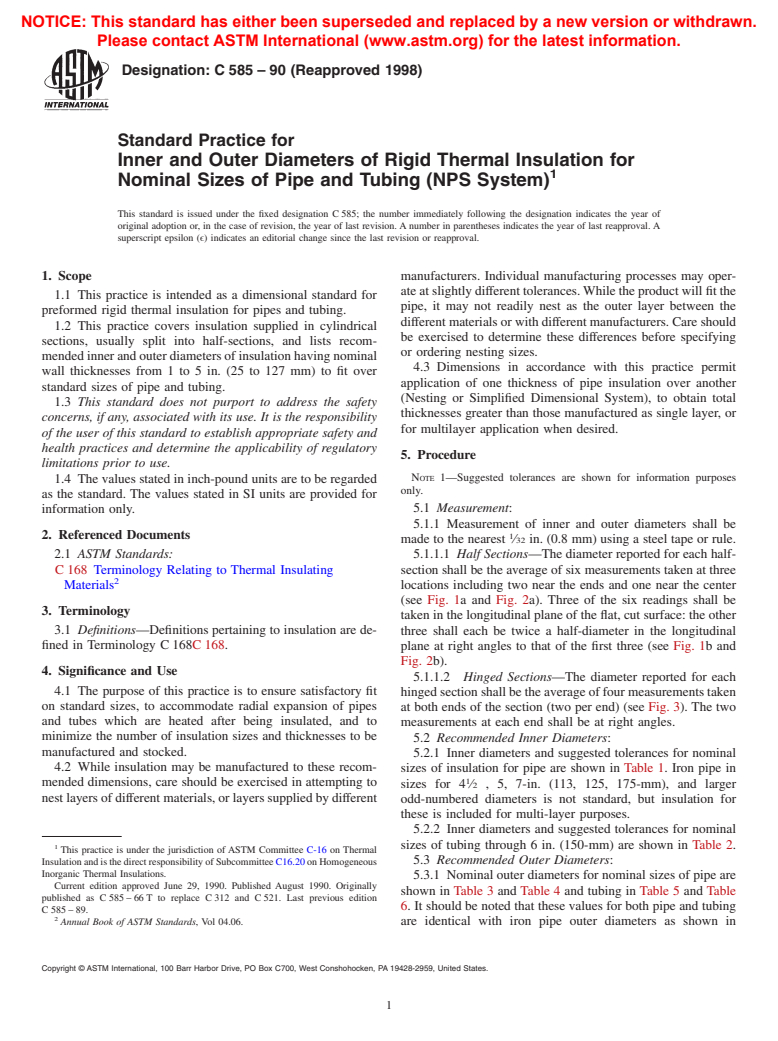 ASTM C585-90(1998) - Standard Practice for Inner and Outer Diameters of Rigid Thermal Insulation for Nominal Sizes of Pipe and Tubing (NPS System)