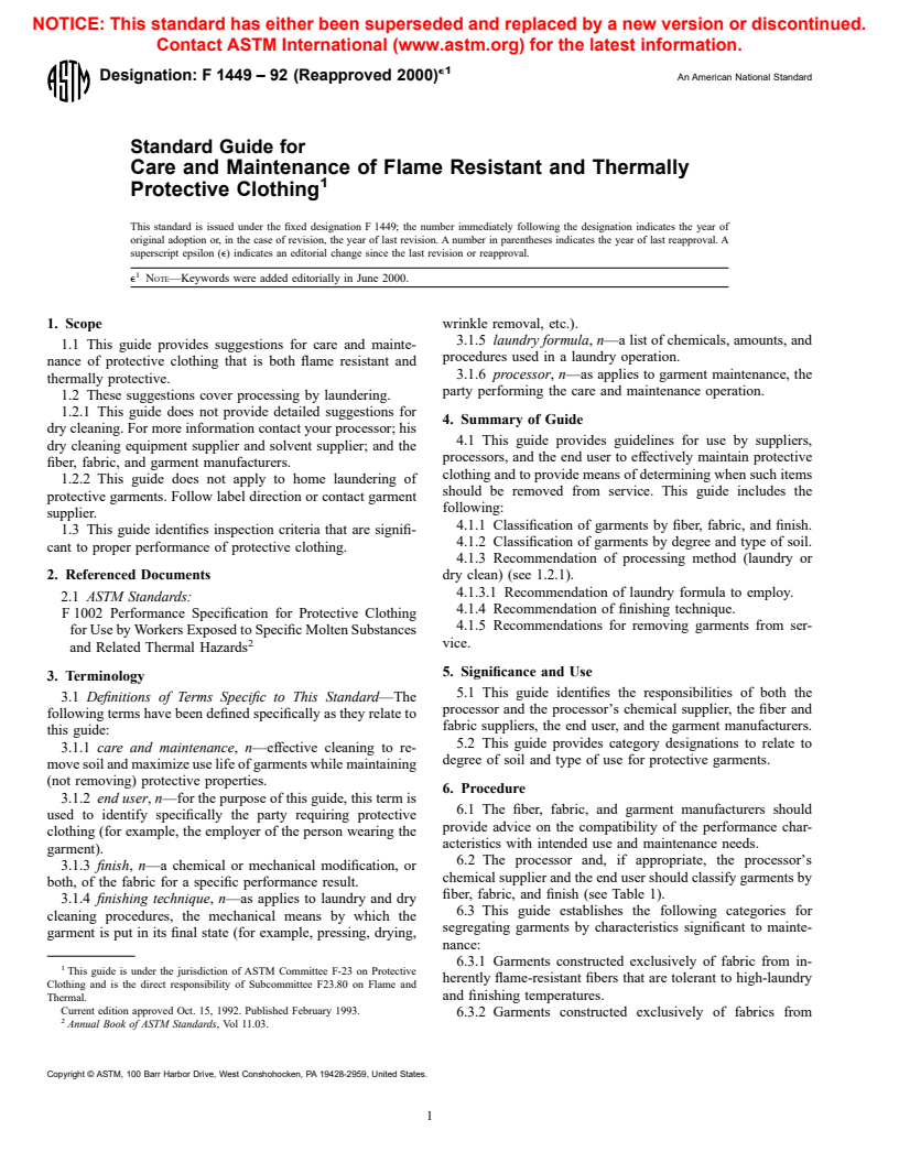 ASTM F1449-92(2000)e1 - Standard Guide for Care and Maintenance of Flame, Thermally and Arc Resistant Clothing