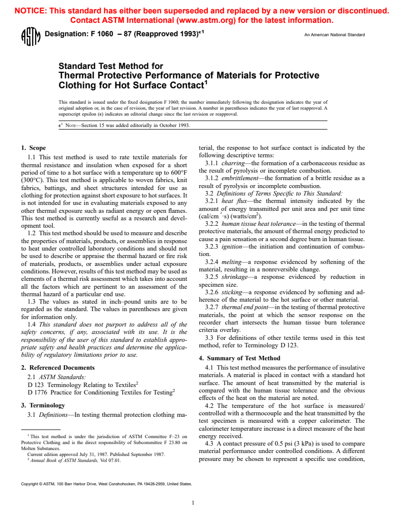 ASTM F1060-87(1993)e1 - Standard Test Method for Thermal Protective Performance of Materials for Protective Clothing for Hot Surface Contact