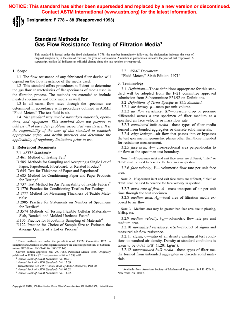 ASTM F778-88(1993) - Standard Methods for Gas Flow Resistance Testing of Filtration Media