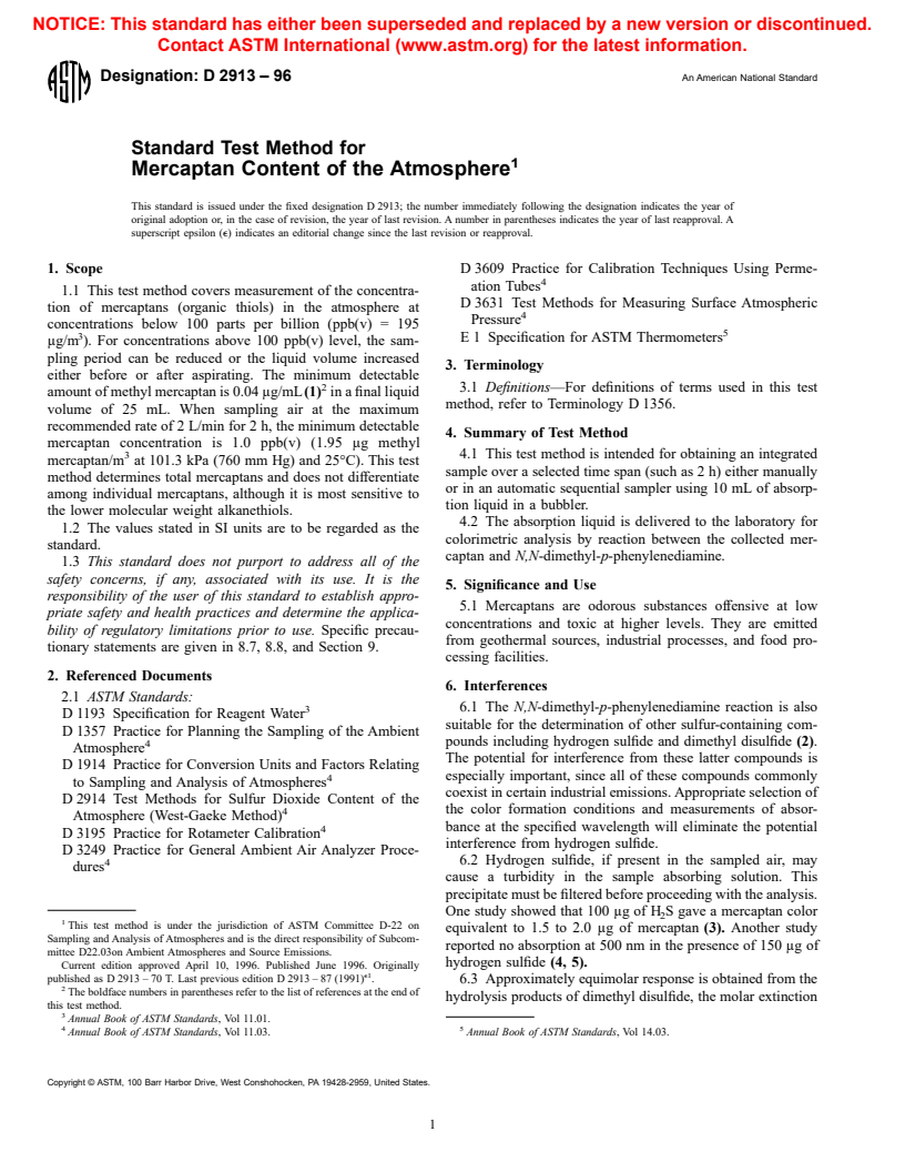 ASTM D2913-96 - Standard Test Method for Mercaptan Content of the Atmosphere