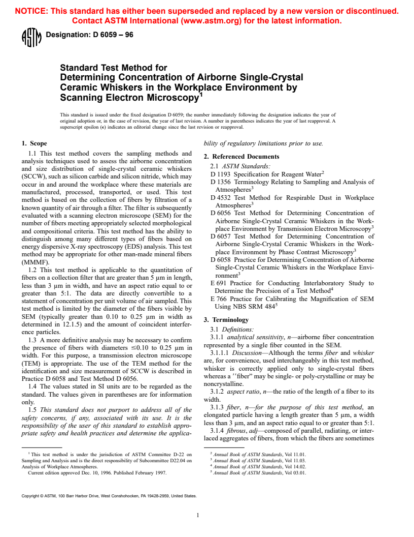 ASTM D6059-96 - Standard Test Method for Determining Concentration of Airborne Single-Crystal Ceramic Whiskers in the Workplace Environment by Scanning Electron Microscopy