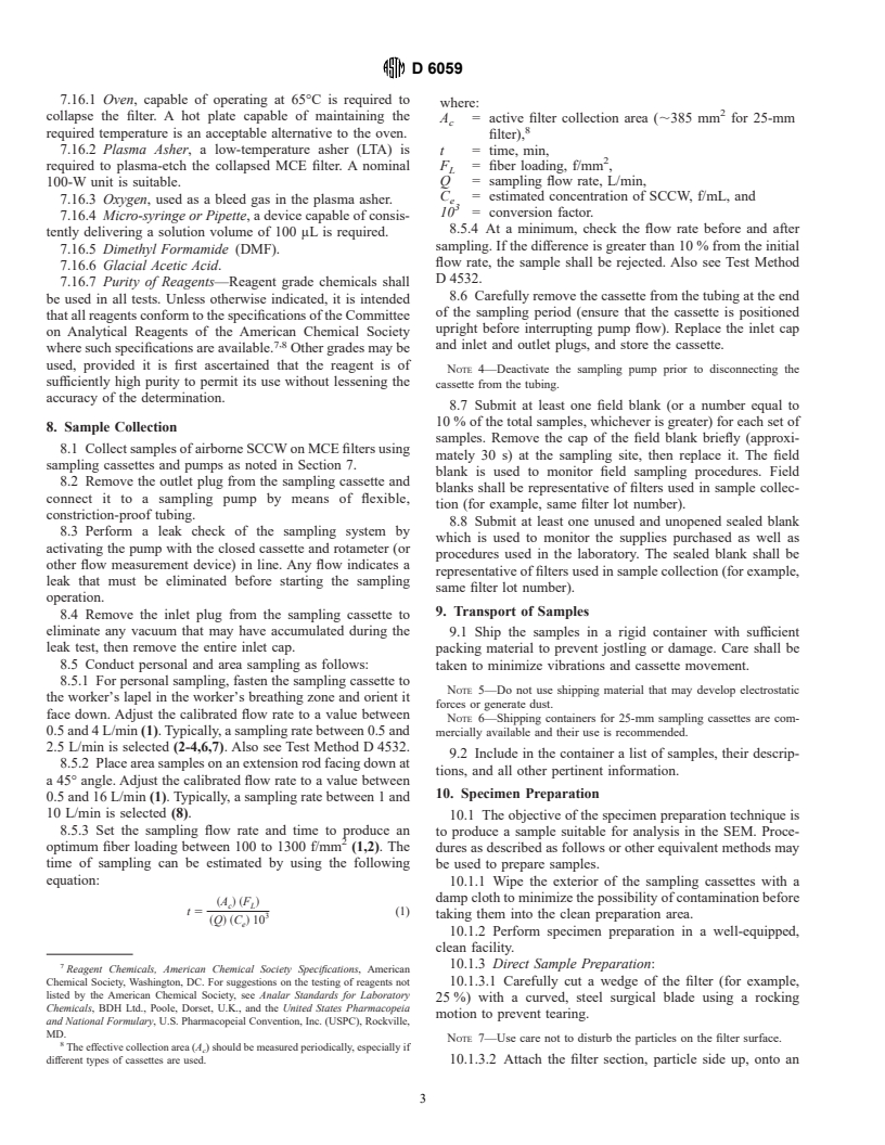 ASTM D6059-96 - Standard Test Method for Determining Concentration of Airborne Single-Crystal Ceramic Whiskers in the Workplace Environment by Scanning Electron Microscopy