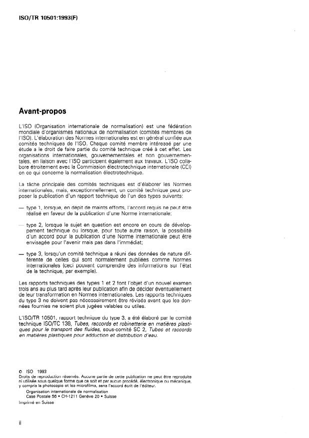 ISO/TR 10501:1993 ISO/TR 10501:1993 - Tubes en matieres thermoplastiques pour le transport de liquides sous pression -- Calcul des pertes de charge - Page 2 preview