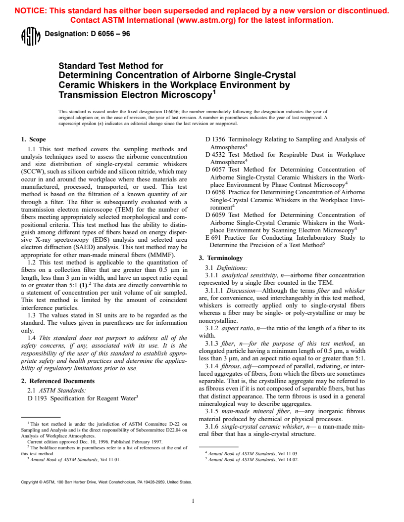 ASTM D6056-96 - Standard Test Method for Determining Concentration of Airborne Single-Crystal Ceramic Whiskers in the Workplace Environement by Transmission Electron Microscopy