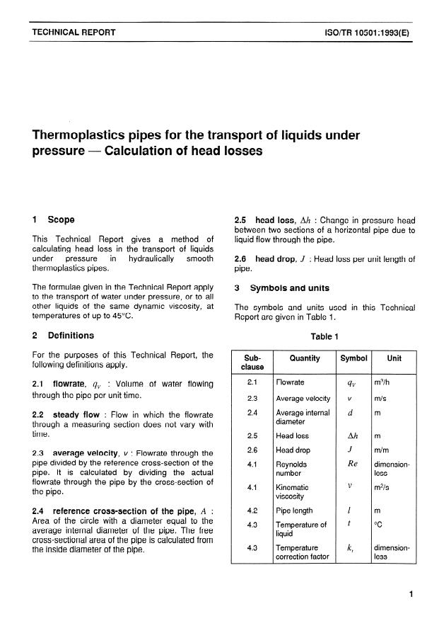 ISO/TR 10501:1993 - Thermoplastics pipes for the transport of liquids under pressure -- Calculation of head losses