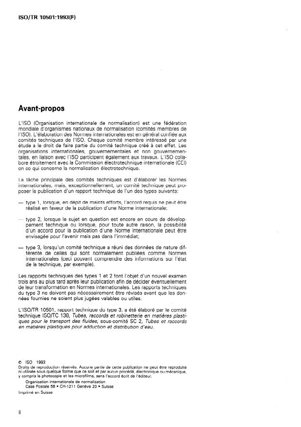 ISO/TR 10501:1993 ISO/TR 10501:1993 - Tubes en matieres thermoplastiques pour le transport de liquides sous pression -- Calcul des pertes de charge - Page 2 preview
