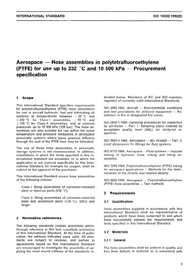 ISO 10502:1992 - Aerospace -- Hose assemblies in polytetrafluoroethylene (PTFE) for use up to 232 degrees C and 10 500 kPa -- Procurement specification