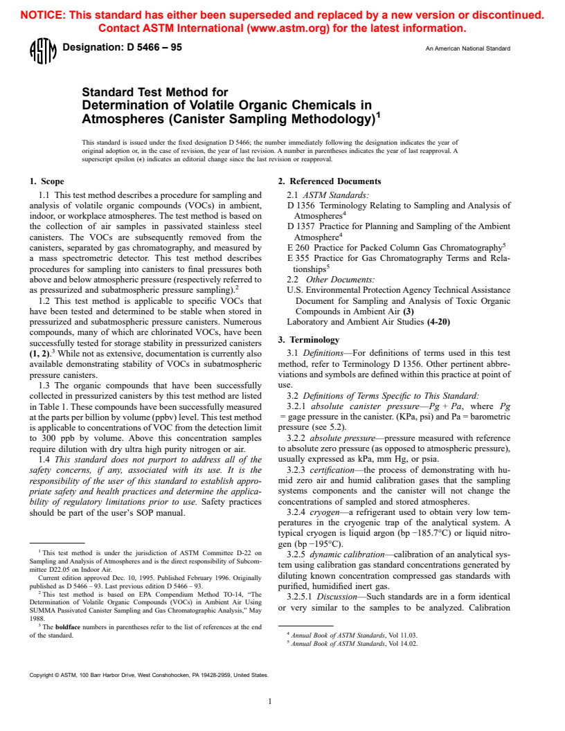 ASTM D5466-95 - Standard Test Method for Determination of Volatile Organic Chemicals in Atmospheres (Canister Sampling Methodology)