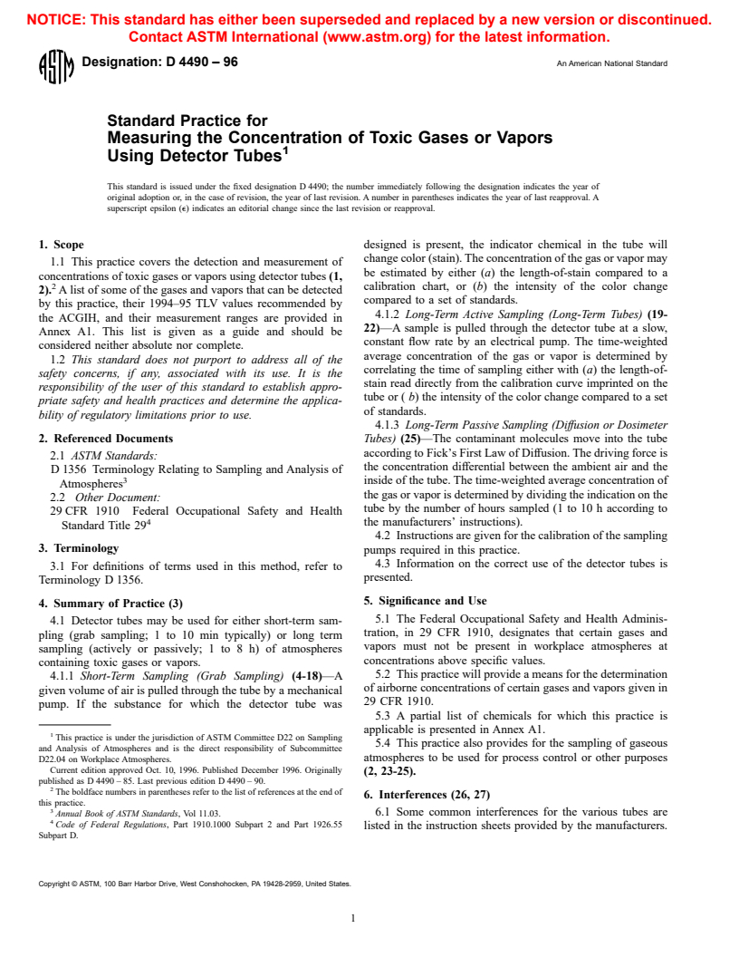 ASTM D4490-96 - Standard Practice for Measuring the Concentration of Toxic Gases or Vapors Using Detector Tubes