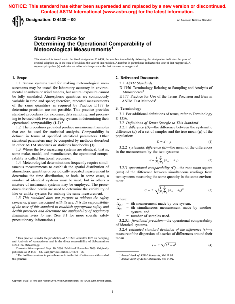 ASTM D4430-00 - Standard Practice for Determining the Operational Comparability of Meteorological Measurements