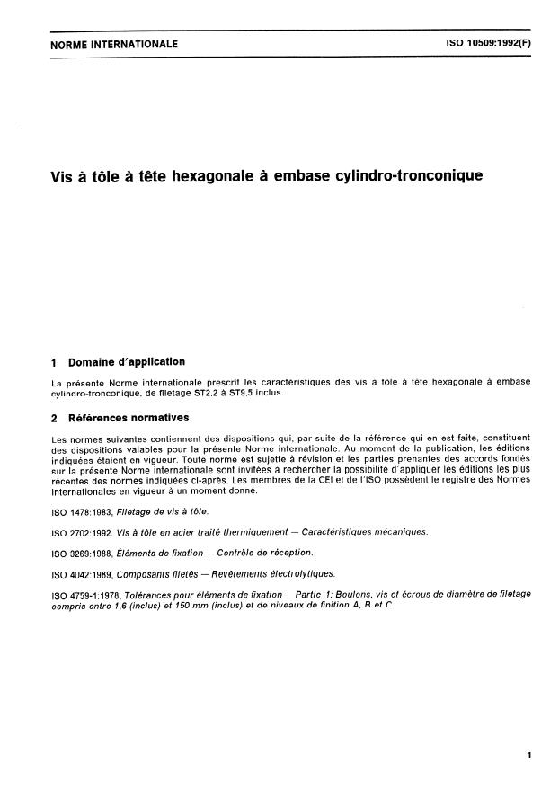 ISO 10509:1992 - Vis a tôle a tete hexagonale a embase cylindro-tronconique