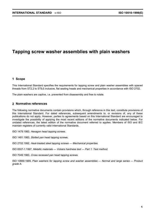ISO 10510:1999 - Tapping screw and washer assemblies with plain washers