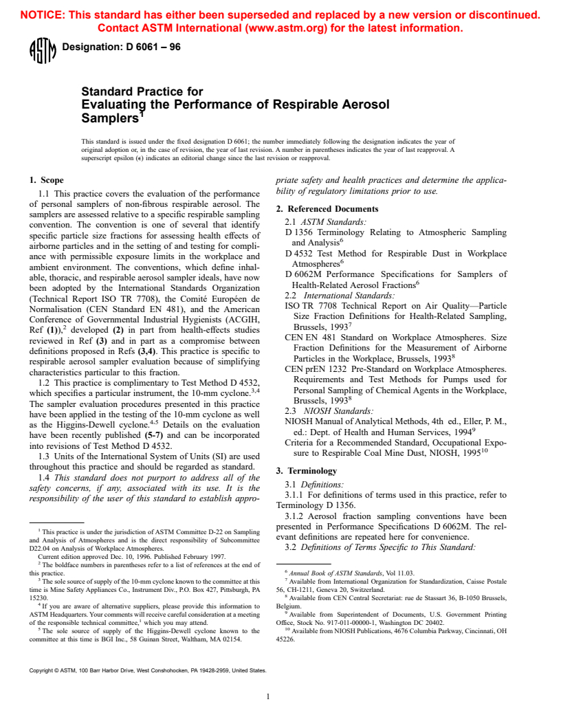 ASTM D6061-96 - Standard Practice for Evaluating the Performance of Respirable Aerosol Samplers