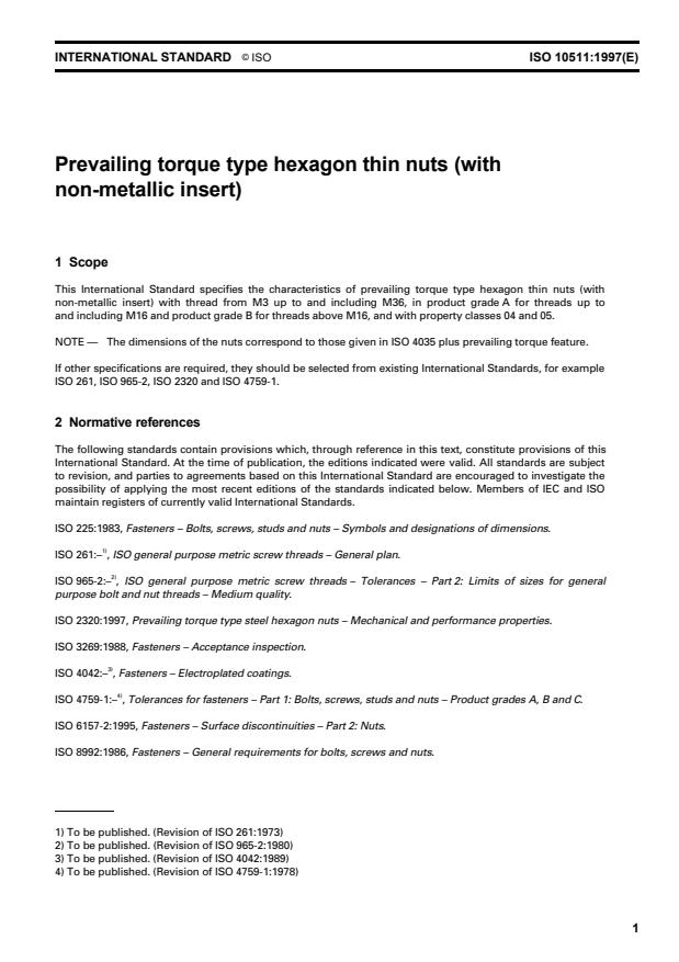 ISO 10511:1997 - Prevailing torque type hexagon thin nuts (with non-metallic insert)